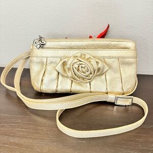 Chic Brighton Gold metallic Leather Rose aplique Crossbody Purse